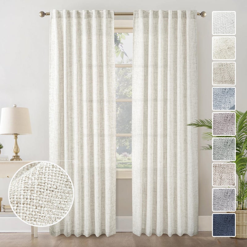 MEETBILY Natural Linen Curtains 96 Inches Long for Living Room 2 Panels Set Back Tab Pocket Light Filtering Semi Sheer Airy Farmhouse Flax Linen Drapes for Bedroom Dining Room (Cream/Off White) 8 FT - Image 1
